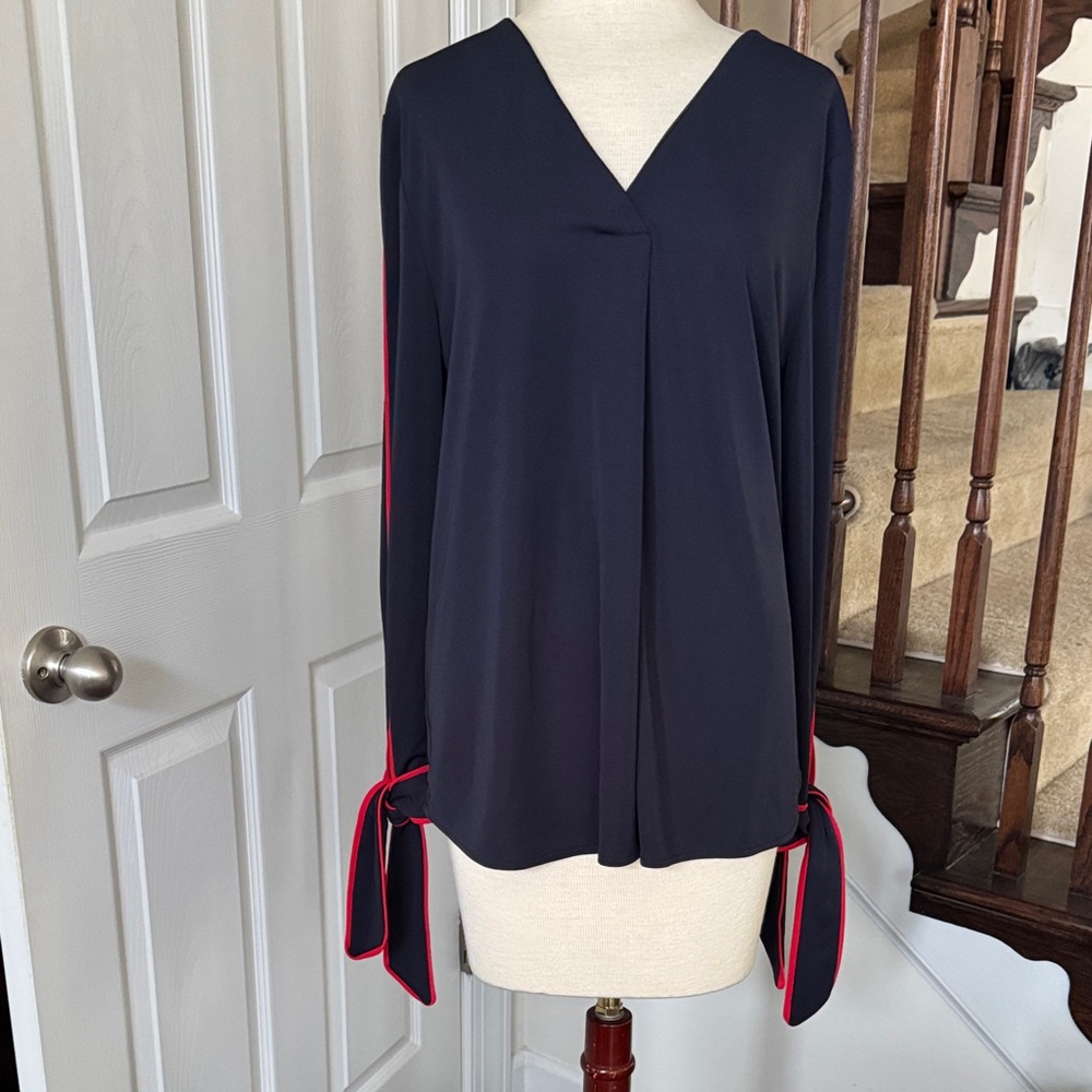 Ann Taylor Navy blue blouse with red pinstripe and tie sleeve EUC SIZE L